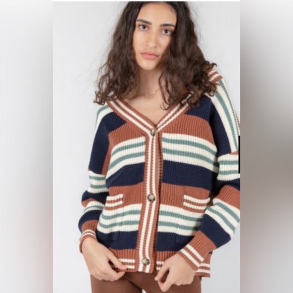 Brown, green, blue and white stripped cardigan - Picture 2 of 3